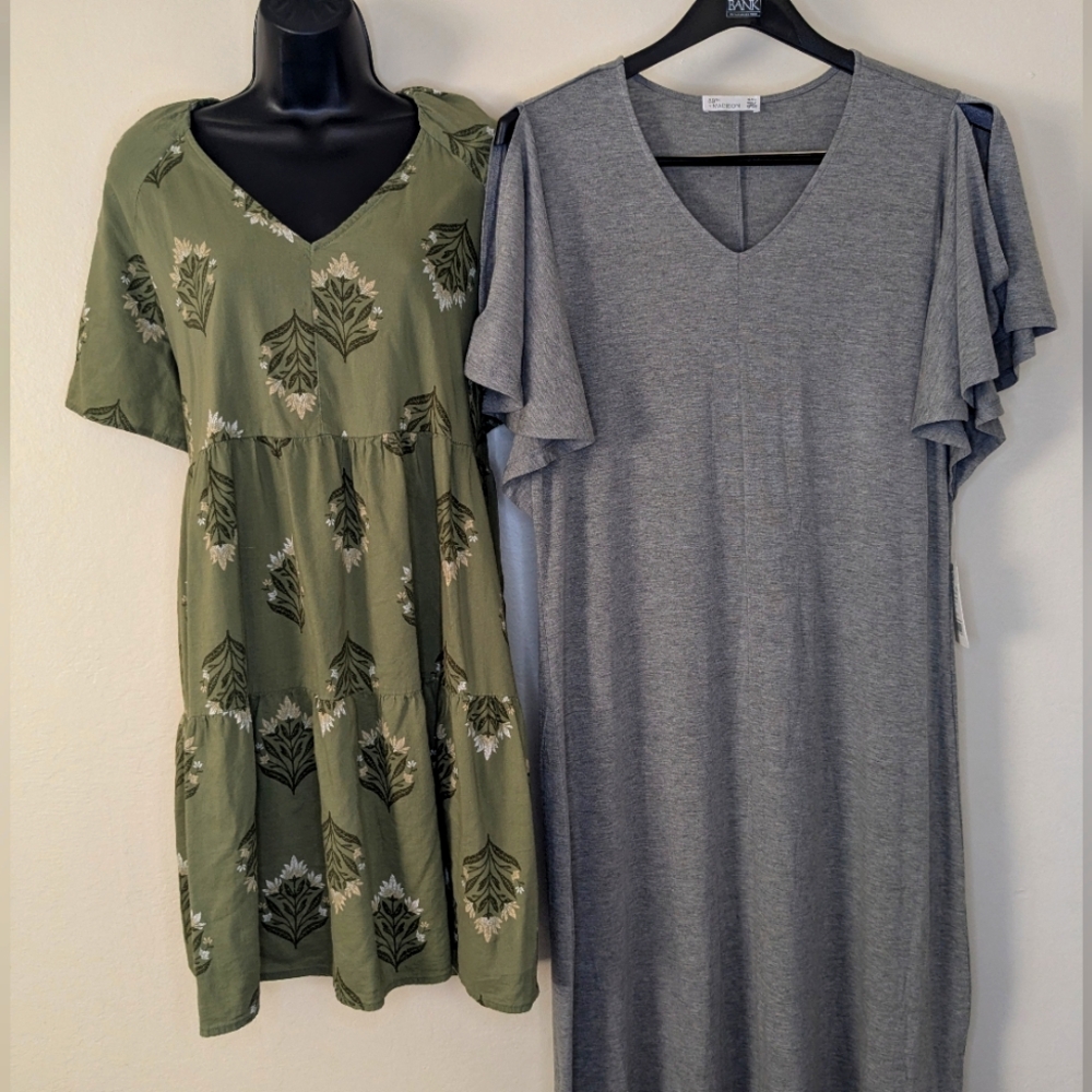 89th & Madison Grey Maxi Dress + Old Navy Green Floral Dress XL | 2-Piece Bundle